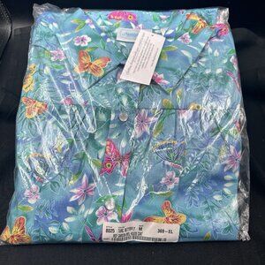 Vtg National Snap Front Housecoat Turquoise Butterfly Floral Robe Womens M 1980s